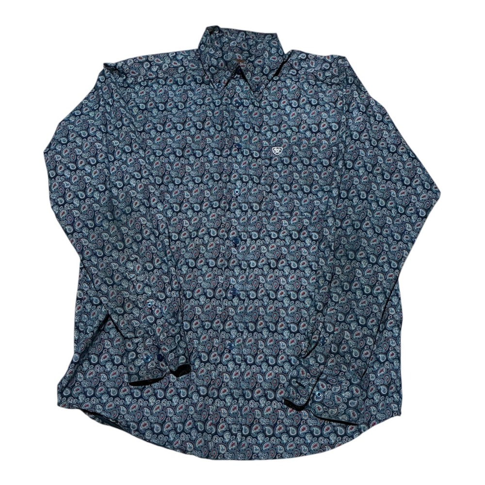 Ariat Mens Navy Blue Red Paisley Long Sleeve Western Button Down Shirt Size S